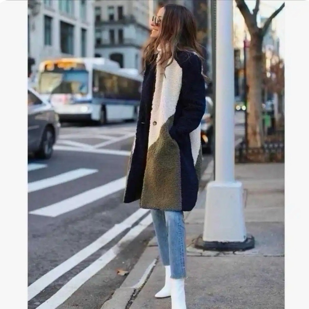 J.Crew Women’s Teddy Sherpa Colorblock Thick Coat Green Ivory Navy Blue - Picture 6 of 13
